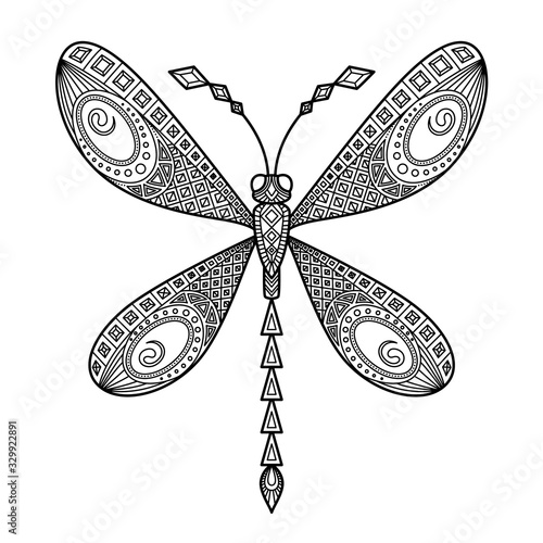 Vector dragonfly antistress doodle coloring book page for adult. Insect black and white illustration.