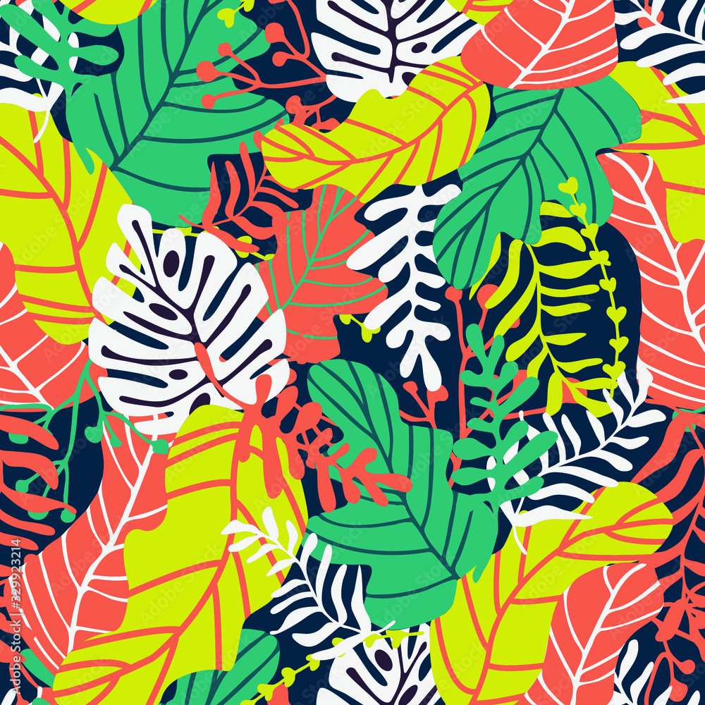 Vector seamless pattern with tropical flowers and leaves. Cartoon style. Modern colorful texture for kifs wallpaper, textile, fabric design. Vector seamless pattern with tropical flowers and leaves. Cartoon style. Modern colorful texture for kifs wallpaper, textile, fabric design.