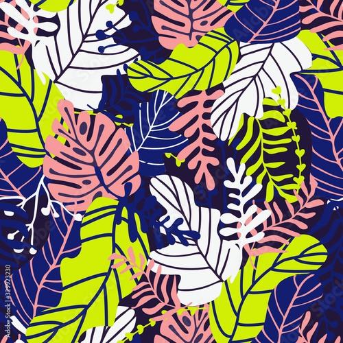 Vector colorful seamless pattern with tropical leaves. Yellow, purple, white colors. Scandinavian cartoon style. Monstera leaf. Floral ornament for textile design, wallpaper, poster, covers.qqqqqqqqqq