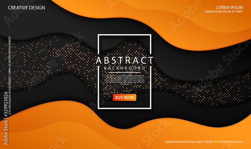 Abstract modern graphic element. Dynamical colored forms and waves with dots glitters decoration. Futuristic design for banner, flyer, ect. Colorful geometric background with black and orange color