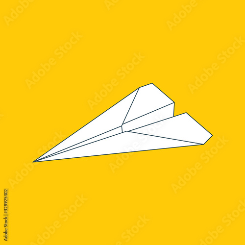 Paper plane flat linear icon isolated on yellow background. Contour symbol of a papercraft origami airplane. Vector line eps8 illustration.