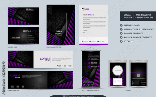 Modern black purple stationery mock up and visual brand identity set.