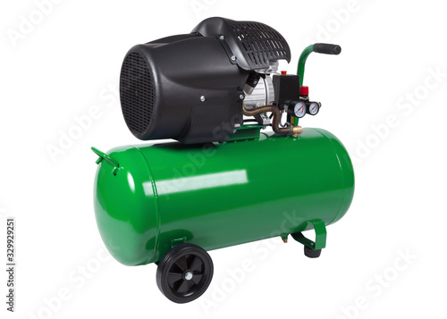 Air compressor with green receiver isolated on white background