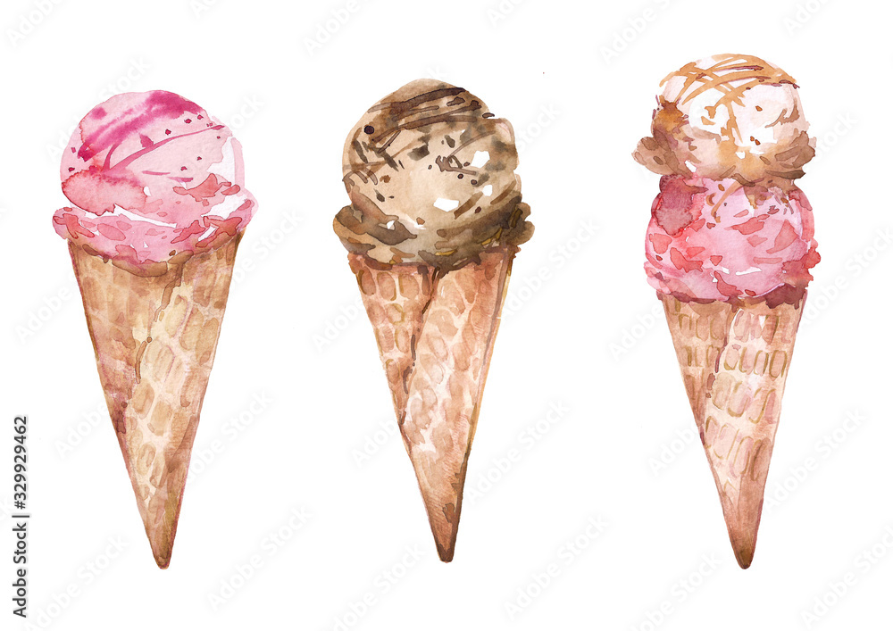 Set of tasty watercolor ice cream in a cone Isolated on a white background. Chocolate, caramel and strawberries. Colorful sweet summer ice dessert clipart perfect for menu design or poster. Set of tasty watercolor ice cream in a cone Isolated on a white background. Chocolate, caramel and strawberries. Colorful sweet summer ice dessert clipart perfect for menu design or poster.