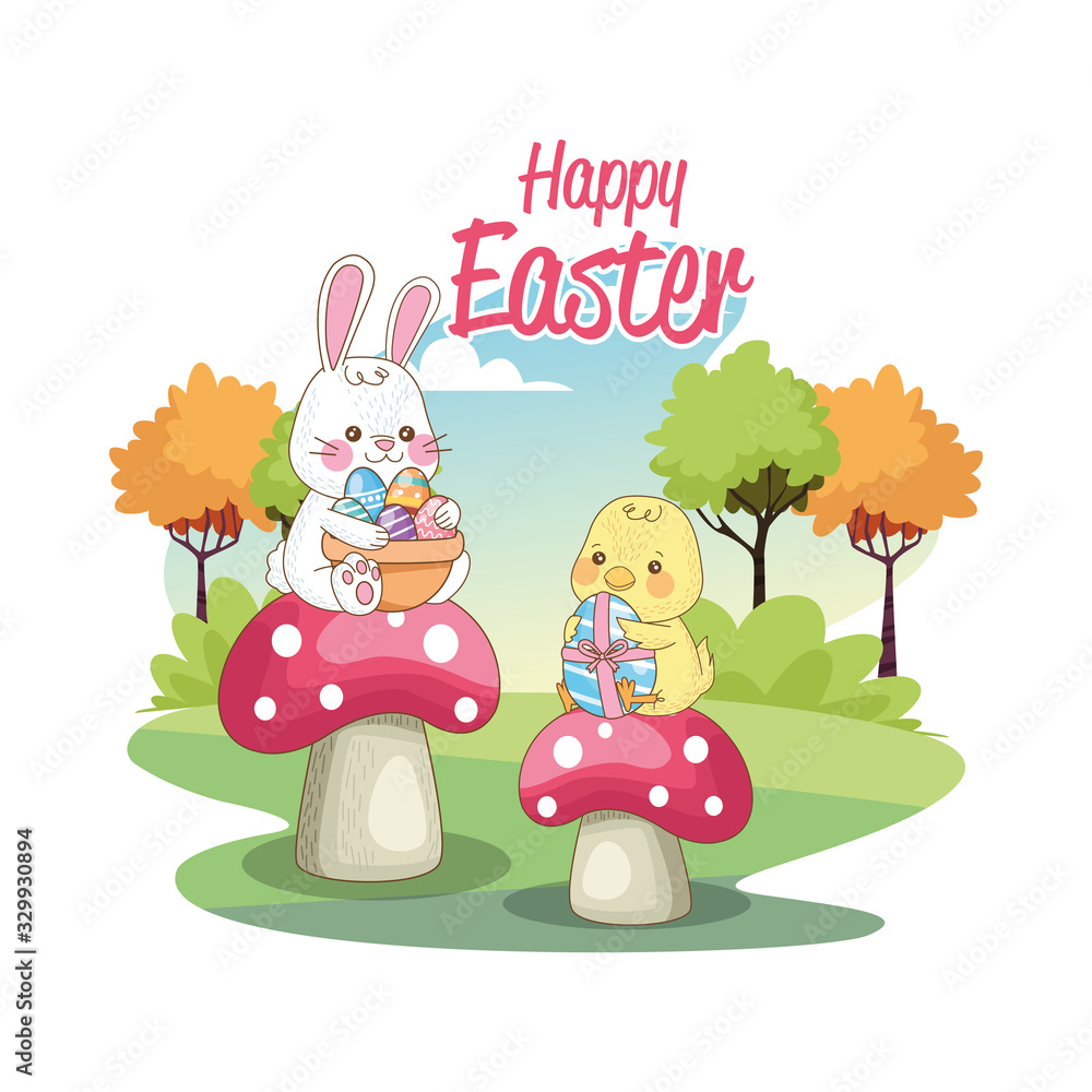 Fototapeta premium happy easter seasonal card with chick and rabbit in fungus