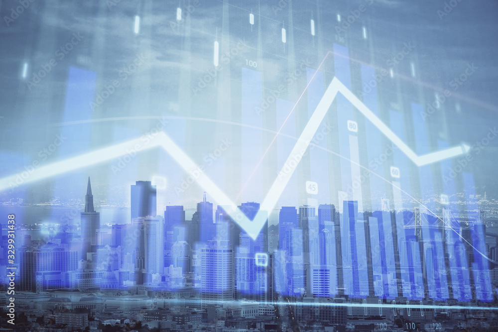 Forex graph on city view with skyscrapers background multi exposure. Financial analysis concept. Forex graph on city view with skyscrapers background multi exposure. Financial analysis concept.