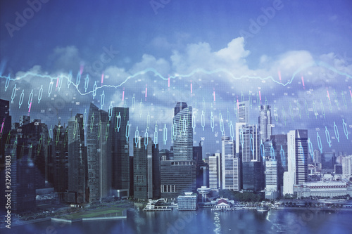 Forex chart on cityscape with skyscrapers wallpaper multi exposure. Financial research concept.