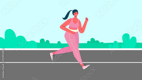 Woman dressed in sportswear running through park. Morning jogging. Active and healthy lifestyle. Sports competition, outdoor workout or exercise, athletics. Flat cartoon colorful vector illustration.