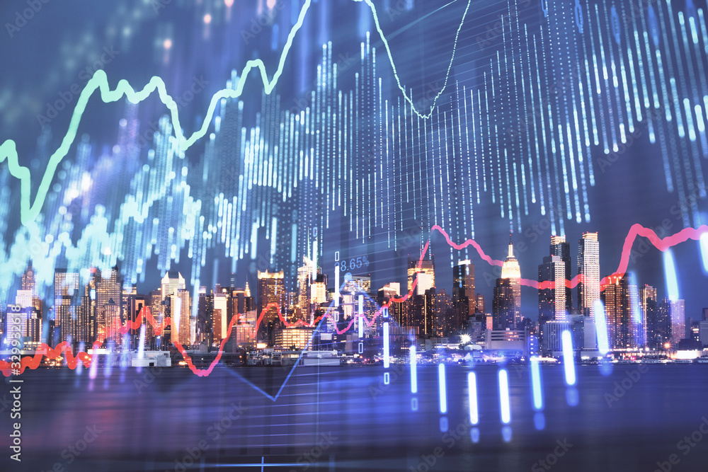 Financial graph on night city scape with tall buildings background double exposure. Analysis concept. Financial graph on night city scape with tall buildings background double exposure. Analysis concept.