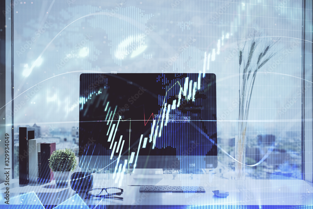 Stock market graph on background with desk and personal computer. Multi exposure. Concept of financial analysis. Stock market graph on background with desk and personal computer. Multi exposure. Concept of financial analysis.