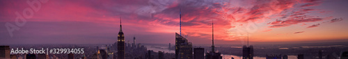 New York city skyscrapers large panoramic view at sunset