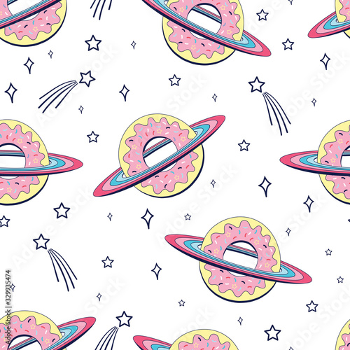 Vector sketch space and donut seamless pattern for girls. Hand-drawing lettering, slogan.