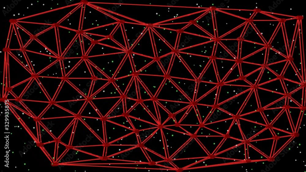 Illustration animated information network, red Voronoi diagram, moving red net with light dots, wireless transmission of information, sci-fi illustration, full HD animation