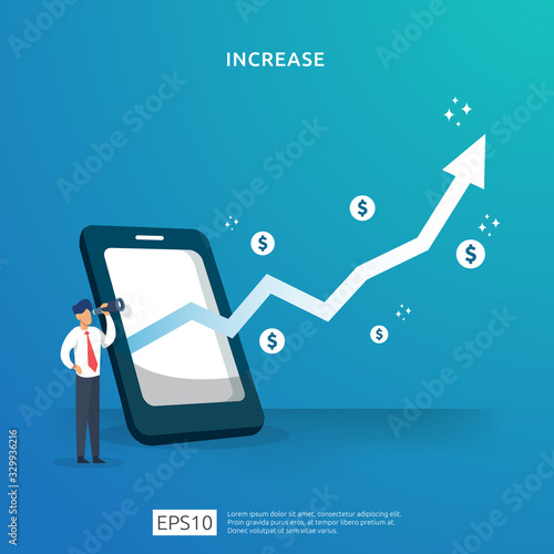 business profit grow or income salary rate increase with growth up arrow and people character. margin revenue with dollar symbol. Finance performance of return on investment ROI illustration concept