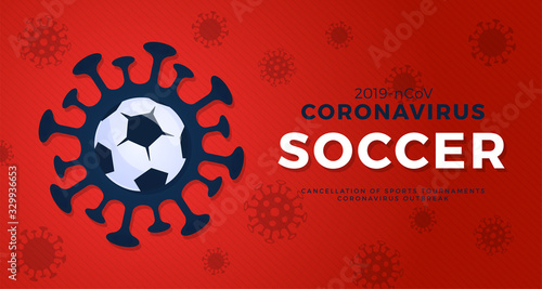 Soccer vector banner caution coronavirus. Stop 2019-nCoV outbreak. Coronavirus danger and public health risk disease and flu outbreak. Cancellation of sporting events and matches concept