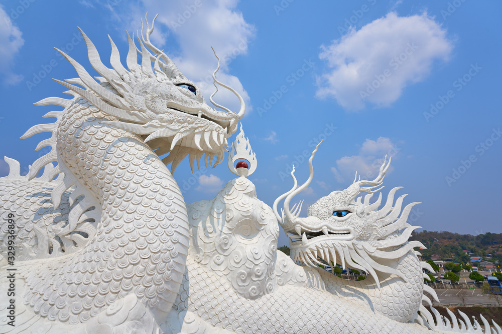 doubles white dragon sculptures on stair of wat huai pla kung chiang rai thailand - obrazy, fototapety, plakaty 