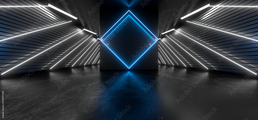 Naklejka premium Dark tunnel with bright blue neon lights on a black background. 3d rendering image.