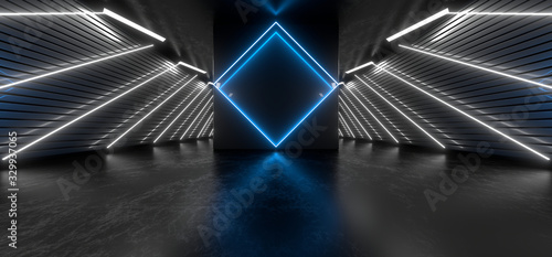 Dark tunnel with bright blue neon lights on a black background. 3d rendering image.