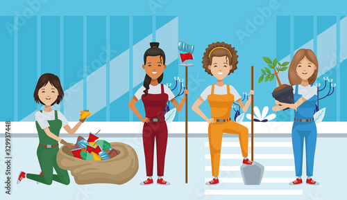 group of environmentalists recycling characters