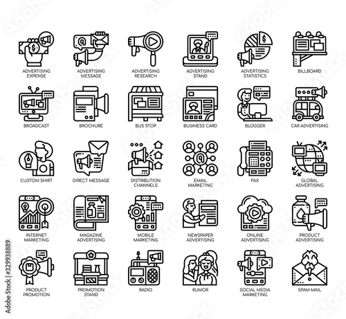 Set of advertising thin line and pixel perfect icons for any web and app project.