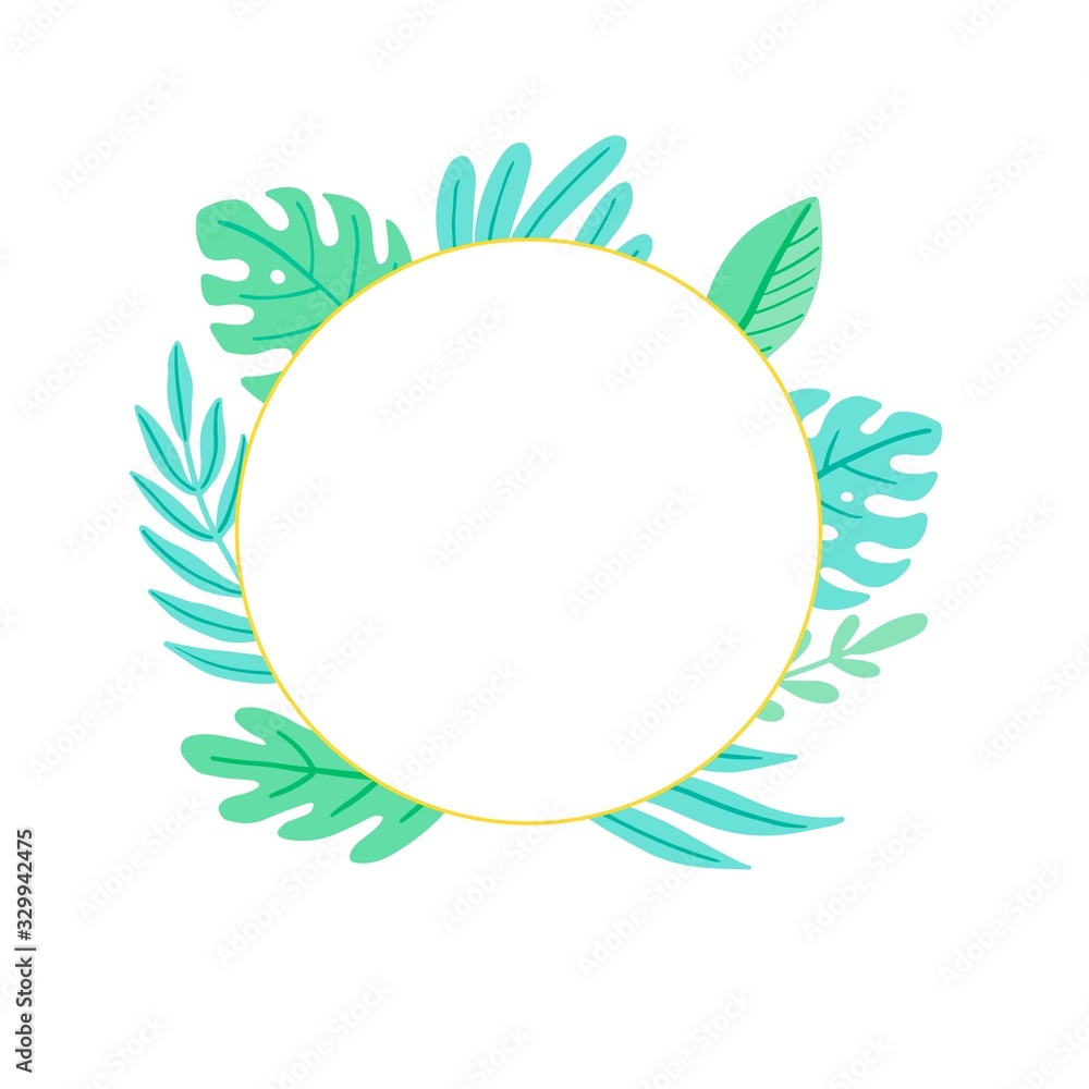 Tropical summer leaf circle frame for text border, greeting card, poster design. Exotic floral decoration of hawaii style. Vector illuatration of trendy style. Tropical summer leaf circle frame for text border, greeting card, poster design. Exotic floral decoration of hawaii style. Vector illuatration of trendy style.