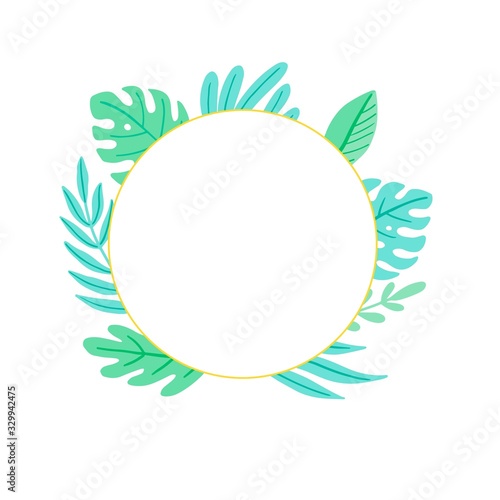 Tropical summer leaf circle frame for text border, greeting card, poster design. Exotic floral decoration of hawaii style. Vector illuatration of trendy style.