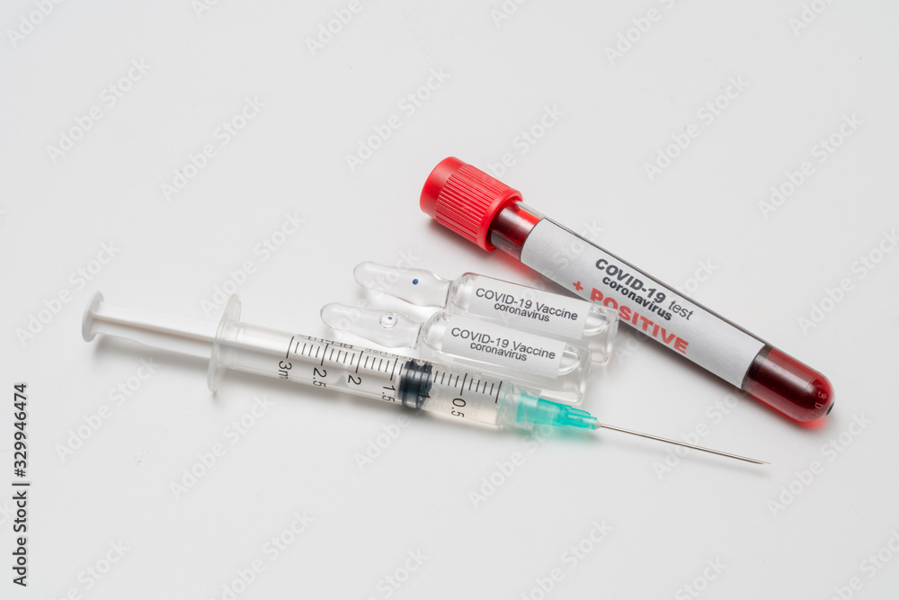 COVID 19 Coronavirus, infected blood sample in the sample tube, Vaccine and syringe injection It use for prevention, immunization and treatment from COVID-19 COVID 19 Coronavirus, infected blood sample in the sample tube, Vaccine and syringe injection It use for prevention, immunization and treatment from COVID-19