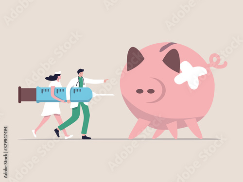 Economic stimulus, QE Quantitative Easing, monetary policy in economic in financial crisis or economic recession, doctor carrying syringe of medicine or vaccine to inject broken illness piggy bank.