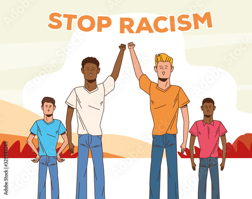 group of interracial men stop racism campaign