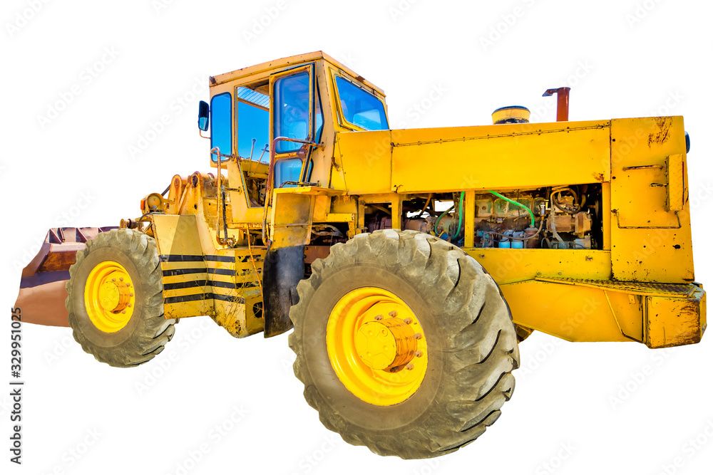 Side view of an yellow tractor isolated on white background with copy space.