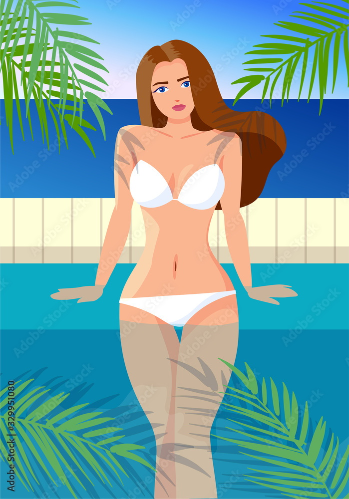 Vector illustration of a girl sitting in swimming pool on e resort, holidays or vacation in a white swimsuit and a sea on the background with tropic palm lleaves. 