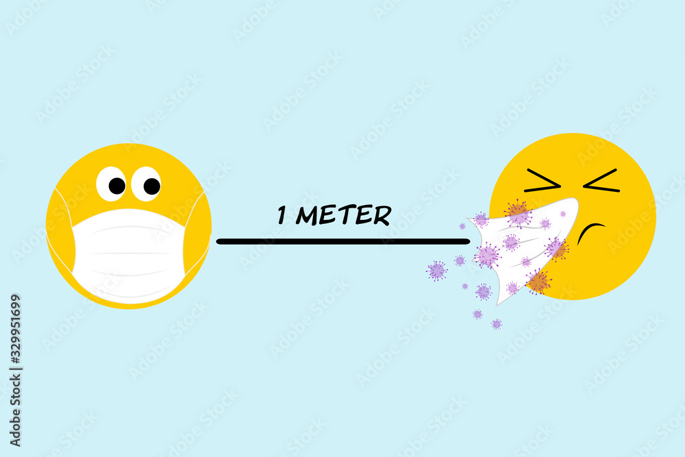 Coronavirus, covid19, social distancing, emoji with virus sneezing with  tissue 1 meter apart from emoji with face mask. Youth concept of  coronavirus. Stock Illustration | Adobe Stock