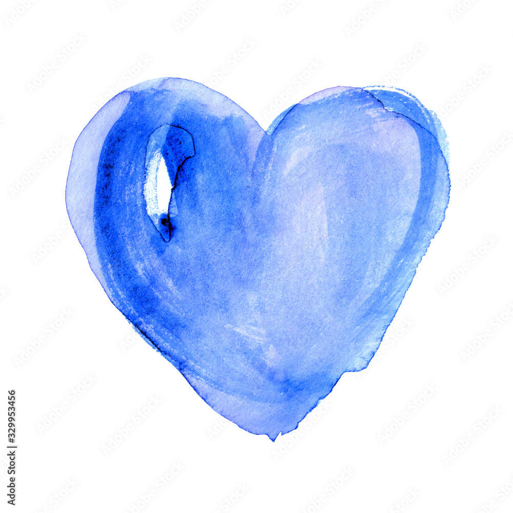 Hand-drawn painted cute blue heart, element for design. Valentine's day. For holiday, postcard, poster, carnival, banner, birthday and children's illustration. Beautiful heart. Big Love