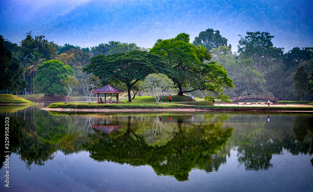 Fototapeta premium Reflection scenery on lake garden landscape