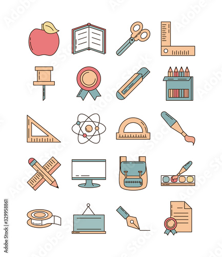 school education learn supply stationery icons set line and fill style icon