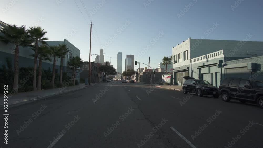 Los Angeles Downtown 4th Street Eastbound Sunset Time Lapse Driving Rear View Los Angeles Downtown 4th Street Eastbound Sunset Time Lapse Driving Rear View