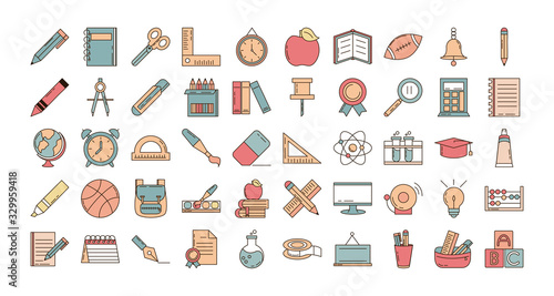 school education learn supply stationery icons set line and fill style icon