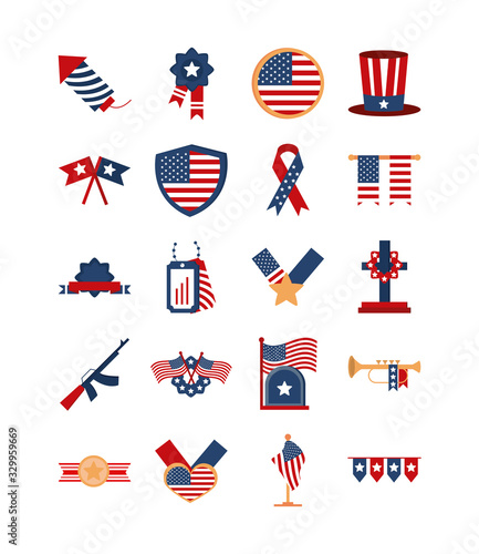 memorial day american national celebration icons set flat style icon