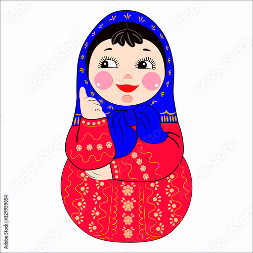 Colorful Russian nesting doll. Blue scarf on her head . Isolated, white background . Vector