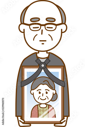 妻の遺影を持っている夫のイメージイラスト