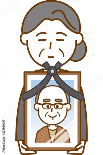 夫の遺影を持っている妻のイメージイラスト