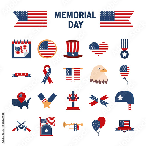 memorial day american national celebration icons set flat style icon
