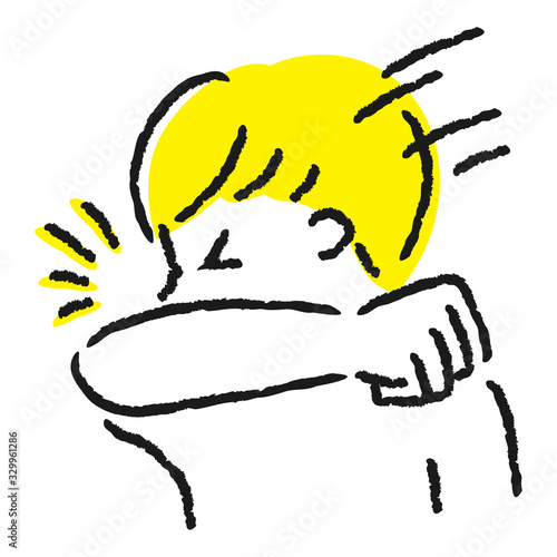 くしゃみを腕にする男の子のイラスト。