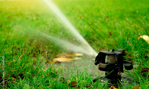 Automatic lawn sprinkler watering green grass. Garden, yard irrigation system watering lawn. Water saving or conservation from sprinkler system. Turf farm business. Sprinkler service and maintenance.