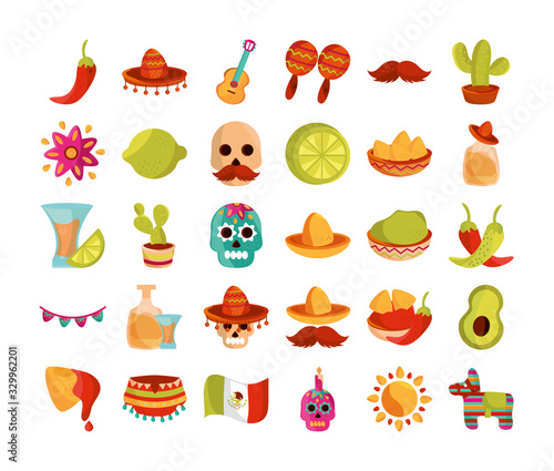 cinco de mayo decoration event mexican icons set