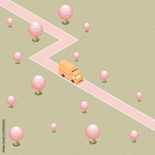 Orange refrigerated truck is delivering by country road in forest of pink sphere tree on green background, isometric transport vector illustration and copy space.