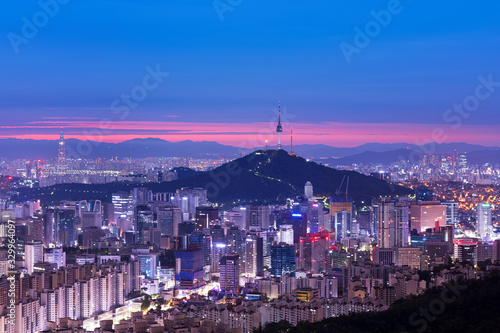 Photography View of Seoul City Skyline and Seoul Tower at Sunrise South Korea