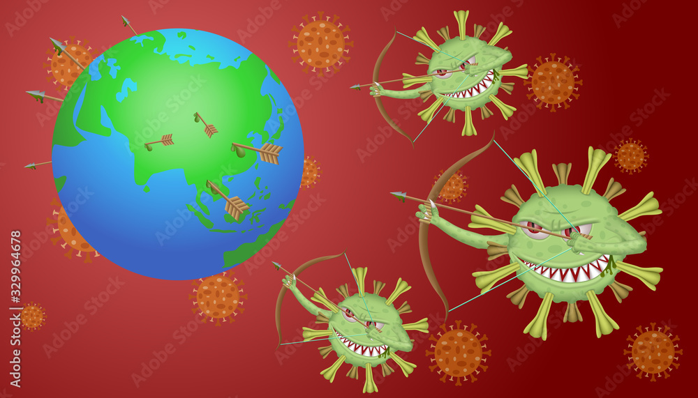 Virus cell with scary and evil face shooting arrow bow to earth for spread. COVID-19, 2019-nCoV. virus disease. Corona Virus Cell. Spread the virus concept. Virus cell with scary and evil face shooting arrow bow to earth for spread. COVID-19, 2019-nCoV. virus disease. Corona Virus Cell. Spread the virus concept.