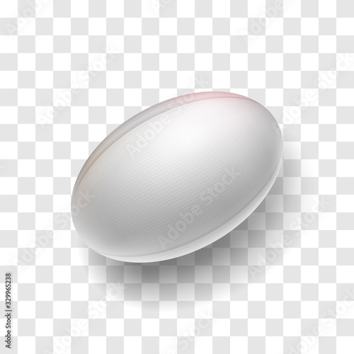 Realistic rugby ball with shadow. Sports equipment for team game on stadium vector illustration. White leather ball isolated on transparent background. Sports competition and outdoors activity.