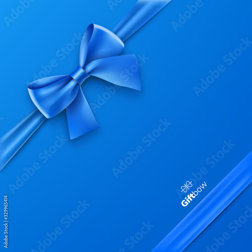 Beautiful blue bow from silk tape on blue background. Realistic decoration with ribbon bow vector illustration. Promotion and product branding design. Bright blue gift banner with copy space.
